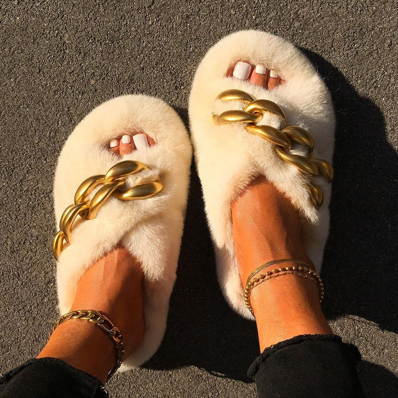 Women's Furry Cross Chain Slippers - AM APPAREL