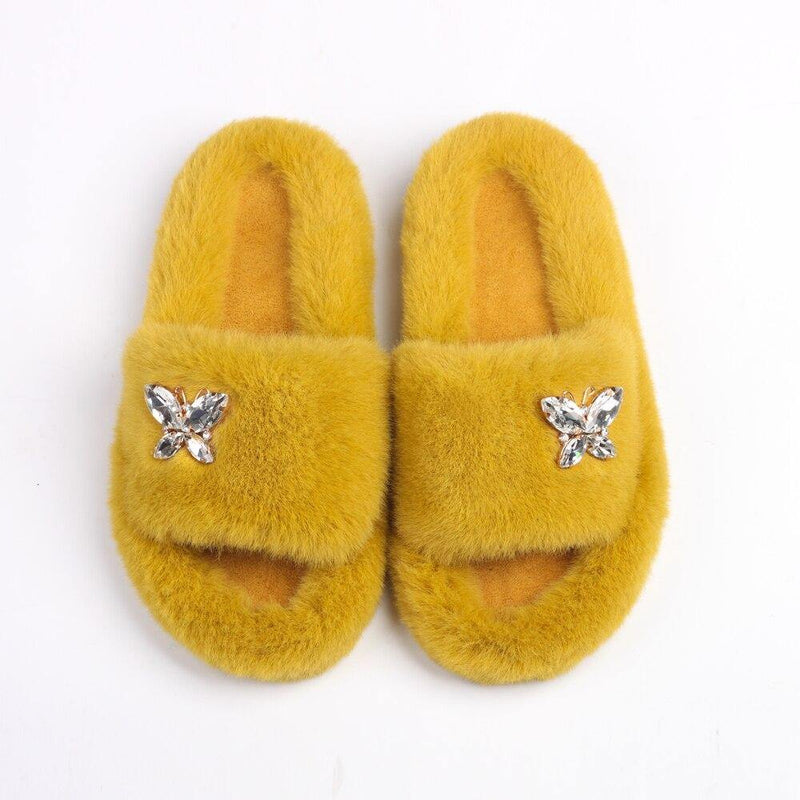 Women's Furry Slides W/ Butterfly Detail - AM APPAREL