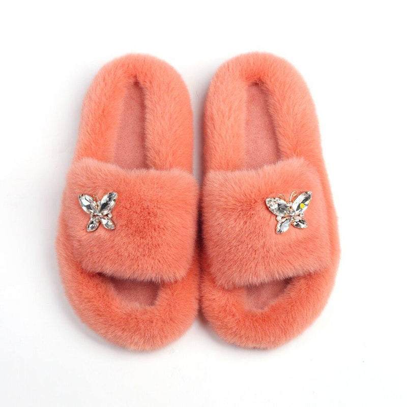 Women's Furry Slides W/ Butterfly Detail - AM APPAREL