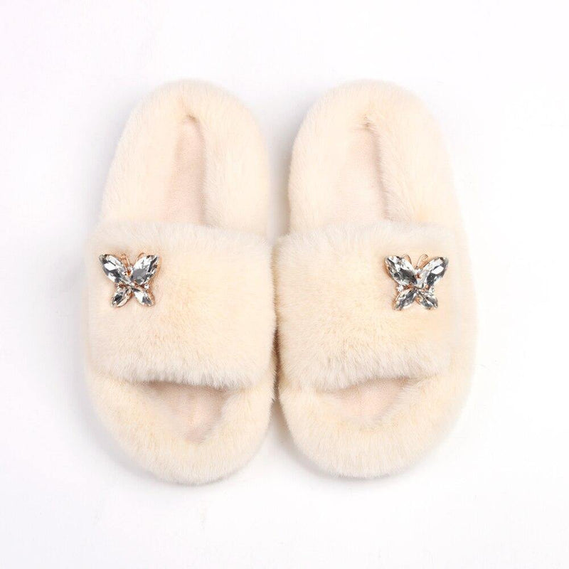 Women's Furry Slides W/ Butterfly Detail - AM APPAREL