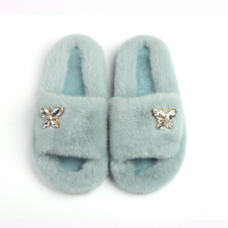 Women's Furry Slides W/ Butterfly Detail - AM APPAREL