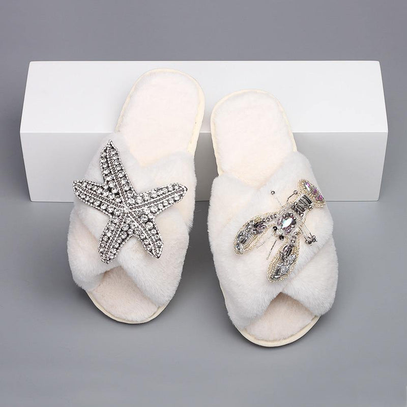 Women's Furry Slippers W/ Starfish Lobster Detail - AM APPAREL