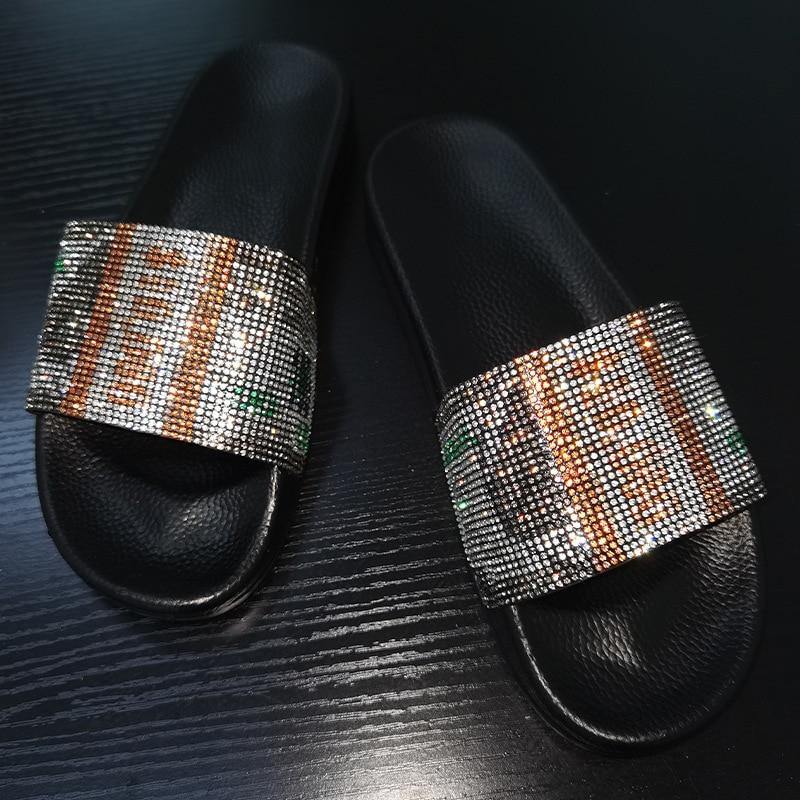 Women's Non-Slip Rhinestone Dollar Slippers - AM APPAREL