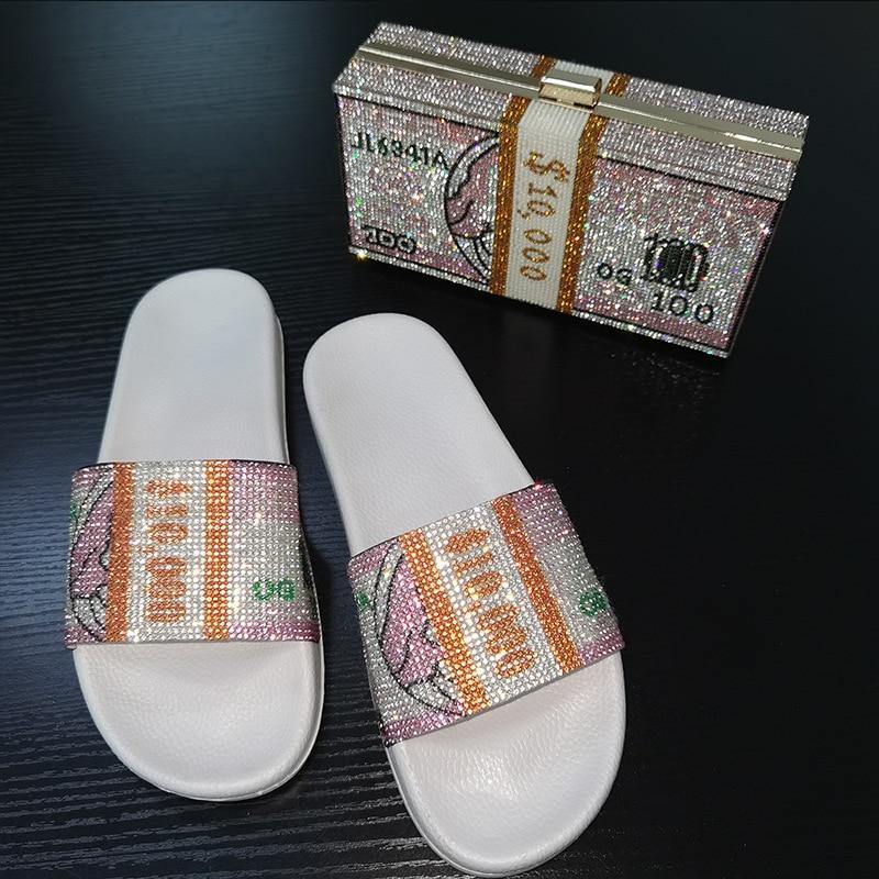 Women's Non-Slip Rhinestone Dollar Slippers - AM APPAREL