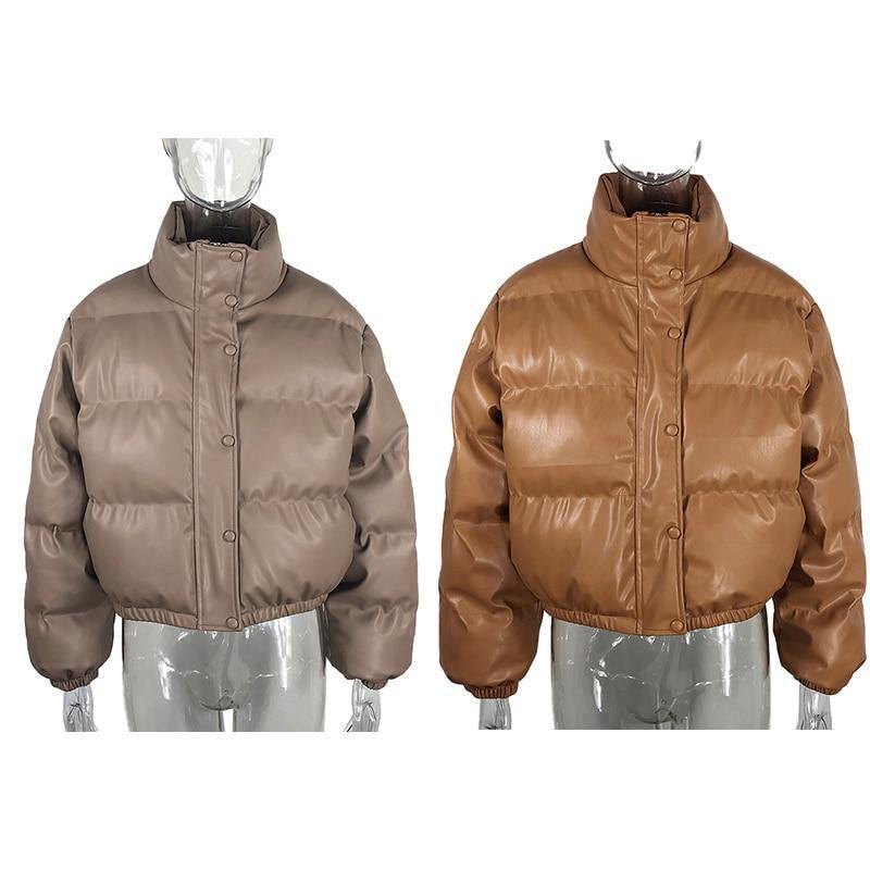 Women's Stand Collar PU Leather Parkas Jacket - AM APPAREL