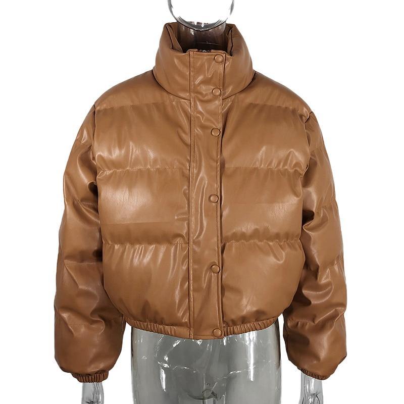 Women's Stand Collar PU Leather Parkas Jacket - AM APPAREL